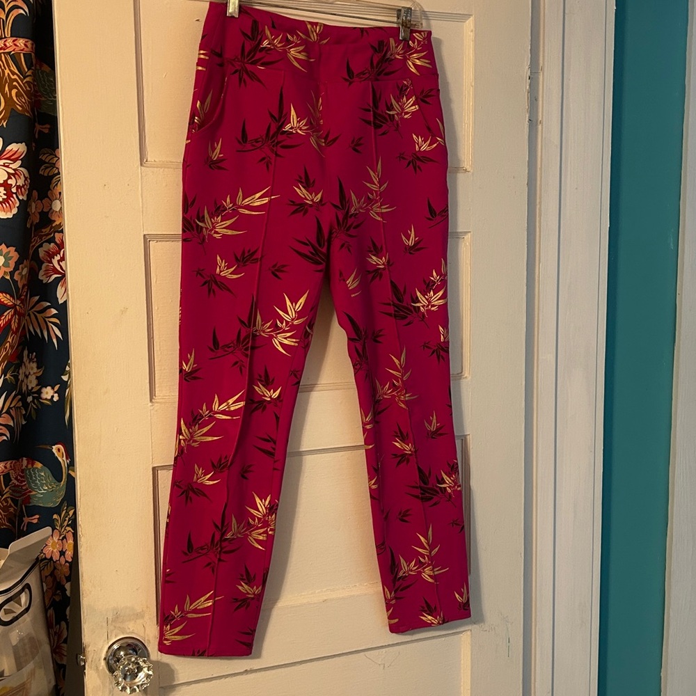 Soft Surroundings Womens S Pink Floral Pull On High Rise Slim Leg Pleated Pant